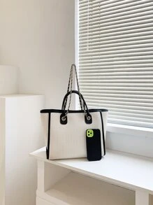 Contrast Binding Top Handle Bag - Beige - View 4