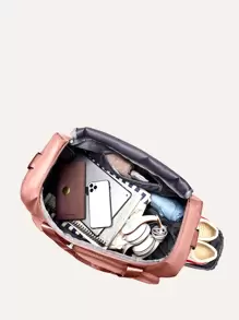 Durable Nylon Foldable Tote Bag With Separate Shoe Compartment, Suitable For Storing Sportswear, Yoga Gear, Travel Items, School Supplies - Pink - View 6