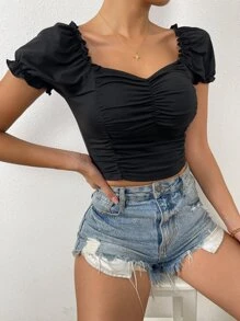 VaVaBold Ruched Front Sweetheart Neck Puff Sleeve Crop Tee - Black - View 3