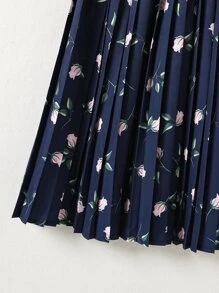 Tween Girl Floral Print Pleated Skirt - Navy Blue - View 7