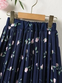 Tween Girl Floral Print Pleated Skirt - Navy Blue - View 8