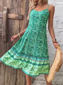 SHEIN Unity Floral Print Ruffle Hem Cami Dress - Green - View 1
