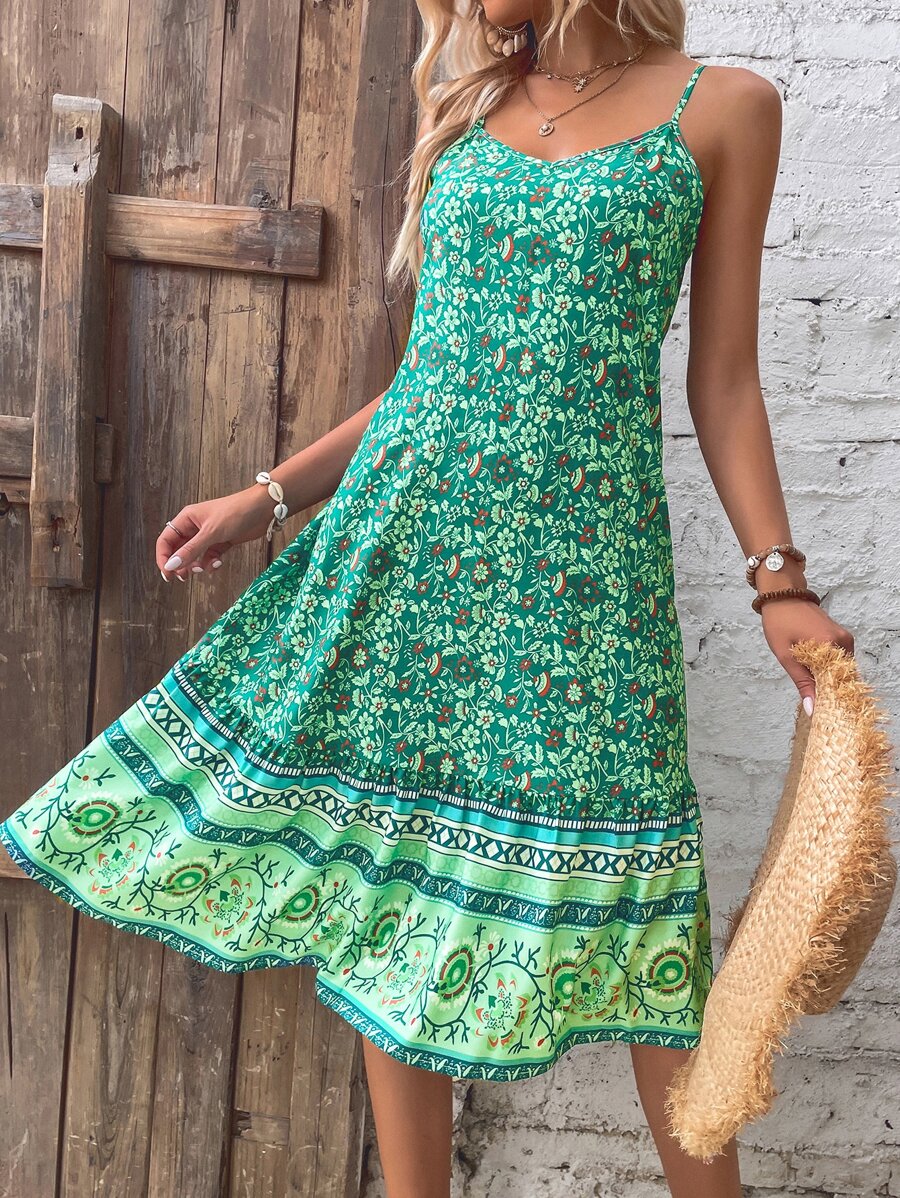 SHEIN Unity Floral Print Ruffle Hem Cami Dress - Green - View 1