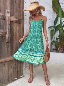 SHEIN Unity Floral Print Ruffle Hem Cami Dress - Green - View 3