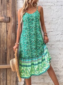 SHEIN Unity Floral Print Ruffle Hem Cami Dress - Green - View 6