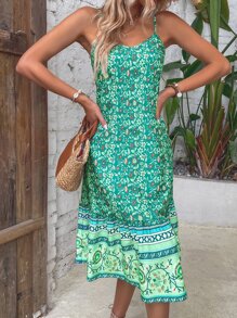 SHEIN Unity Floral Print Ruffle Hem Cami Dress - Green - View 7