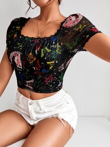 Butterfly & Galaxy Print Off Shoulder Flounce Sleeve Tee - Multicolor - View 6