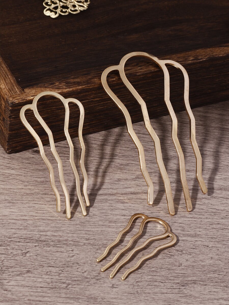 3个复古简约合金U型发夹发髻器发髻发饰发夹，学生用品，发饰，头部饰品 - 金色 - 查看 1