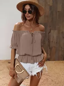 Breezaya Off The Shoulder Tie Front Blouse Peplum Top - Dusty Pink - View 4