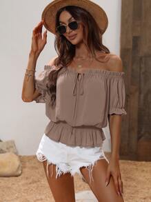 Breezaya Off The Shoulder Tie Front Blouse Peplum Top - Dusty Pink - View 6