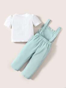 嬰兒花卉刺繡褶邊背帶連身褲和T恤