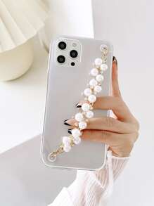 Pearl & Rhinestone Chain Design Phone Case, Compatible With Iphone 15 Pro Max 14 13 12 11,International Version, Not The Domestic Version - Clear - View 1