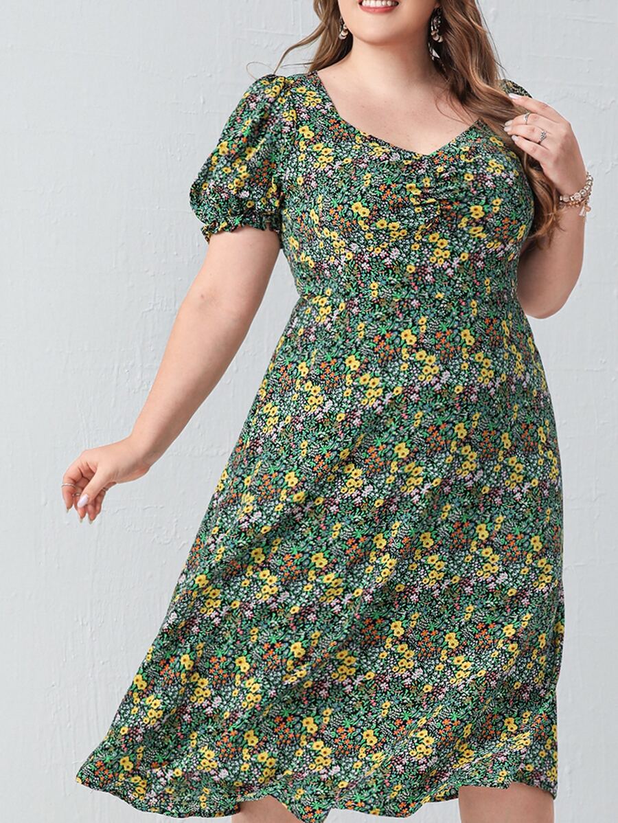 EMERY ROSE Vestido floral de manga farol fruncido - Multicolor - Ver 1