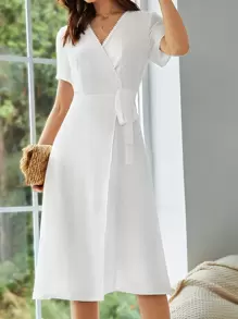 SHEIN Privé Guipure Lace Panel Knot Side Wrap Dress - White - View 1