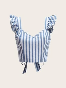 Dreamara Plus Striped Tie Back Ruffle Sleeve Crop Top - Blue and White - View 1