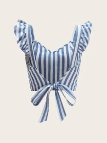 Dreamara Plus Striped Tie Back Ruffle Sleeve Crop Top - Blue and White - View 2