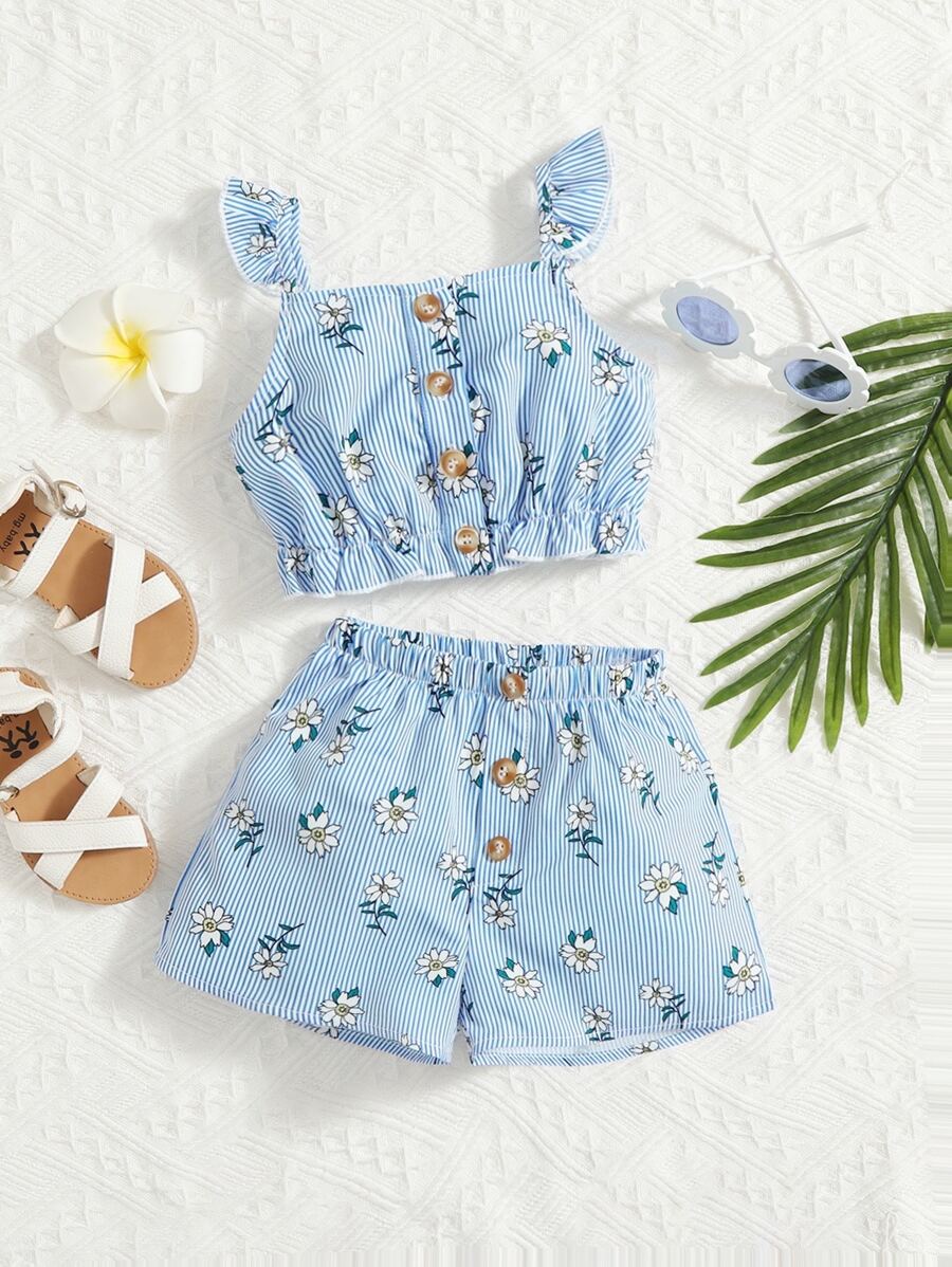 SHEIN Baby Girl Striped & Floral Print Ruffle Trim Button Front Top & Shorts - Baby Blue - View 1