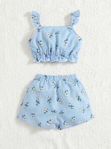 SHEIN Baby Girl Striped & Floral Print Ruffle Trim Button Front Top & Shorts - Baby Blue - View 2