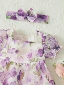 SHEIN 嬰兒印花泡泡袖荷葉邊歐根紗洋裝和髮箍