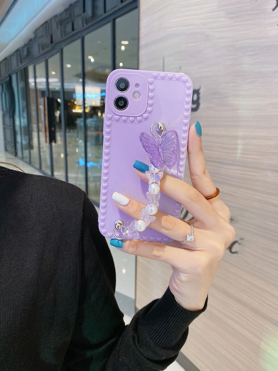 Butterfly Decor Hand Strap Phone Case - Purple - View 1