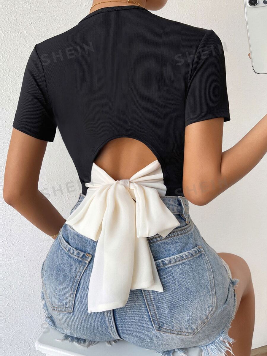 SHEIN Top mit Band hinten, Rippenstrick - Schwarz - Übersicht 1