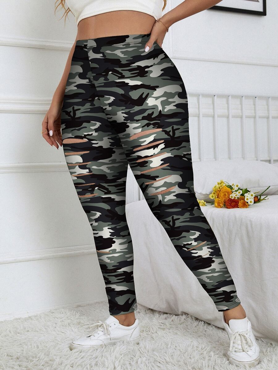 Flirla Leggings con estampado de camuflaje desgarro escalonado