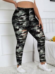 Flirla Leggings con estampado de camuflaje desgarro escalonado