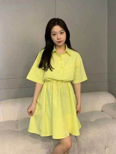 素色落肩袖腰部抽繩襯衫連衣裙
