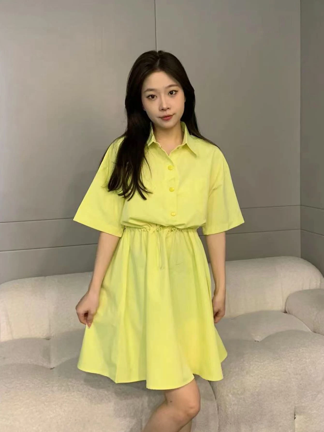 素色落肩袖腰部抽繩襯衫連衣裙 - 黃色 - 查看 1