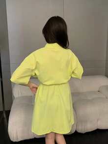 素色落肩袖腰部抽繩襯衫連衣裙 - 黃色 - 查看 2