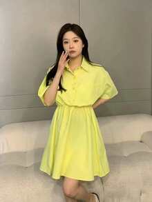 素色落肩袖腰部抽繩襯衫連衣裙 - 黃色 - 查看 3