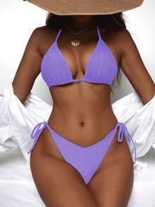 Halter Triangle Tie Side Bikini Set, For Summer Beach Vacation - Lilac Purple - View 1
