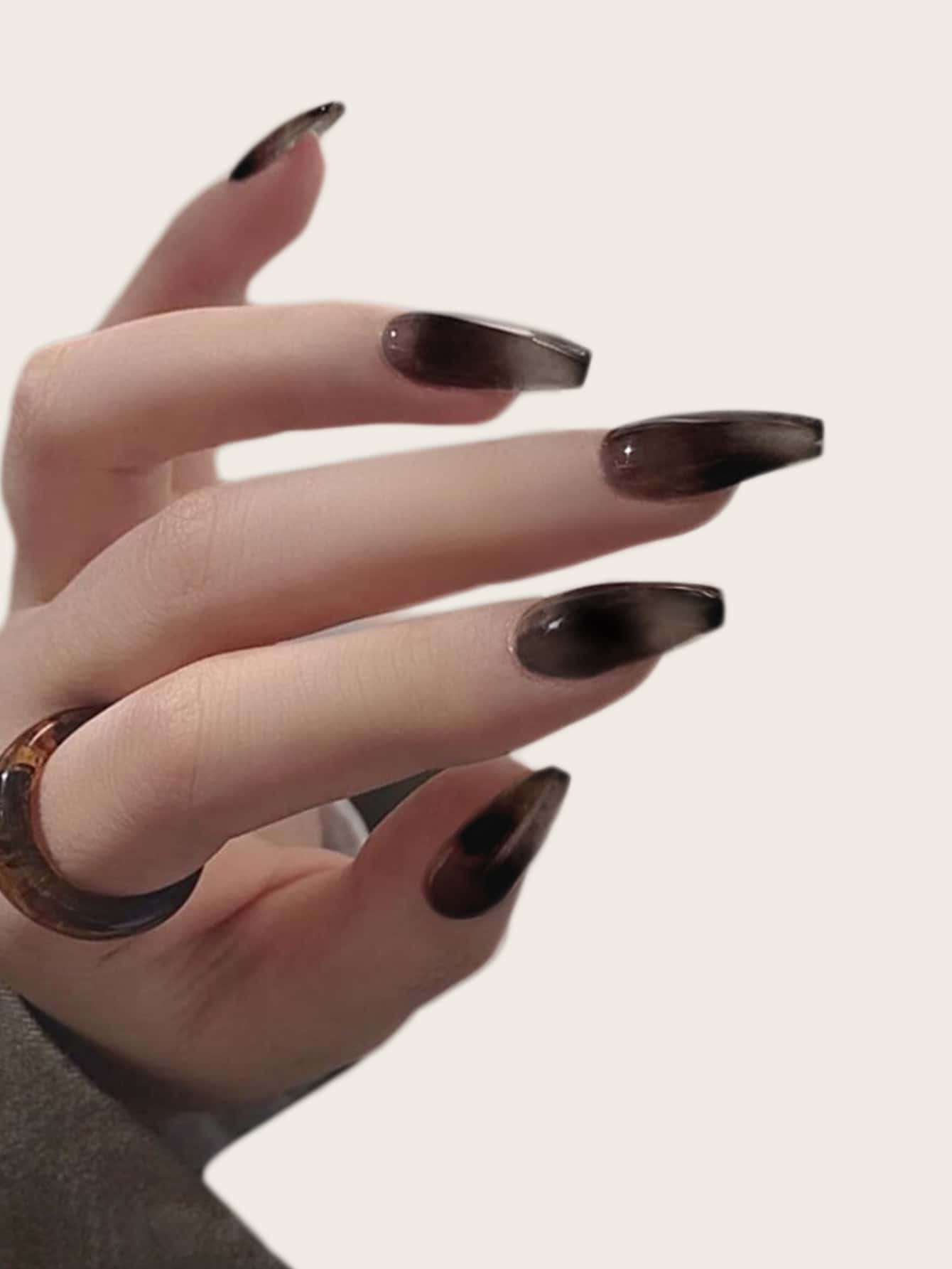 Instantly Upgrade Your Look with 24pcs Medium Coffin Black Smudged Glossy Fake Nail & 1pc Nail File & 1sheet Tape - Multicolor - View 1