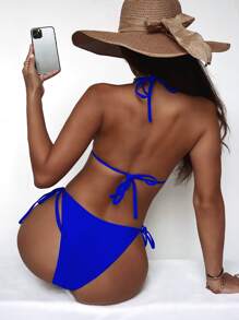 SHEIN Swim 吊带三角系带侧比基尼夏季 - 寶藍色 - 查看 2