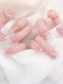 Elevate Your Style with 24pcs Long Square Nude French Sequins Fake Nail & 1pc Nail File & 1sheet Tape - White - View 1