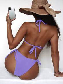 Halter Triangle Tie Side Bikini Set, For Summer Beach Vacation - Lilac Purple - View 2