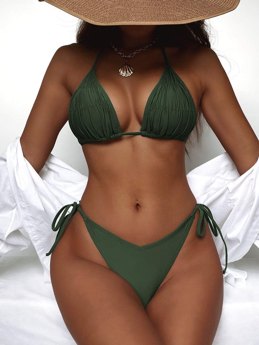 SHEIN Swim 夏季海滩纯色比基尼套装褶饰吊带三角胸罩和系带侧边下装 2 件套比基尼 - 軍綠色 - 查看 1