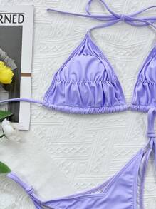 Halter Triangle Tie Side Bikini Set, For Summer Beach Vacation - Lilac Purple - View 3