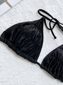 SHEIN Swim Summer Beach Solid Bikini Set Ruched Halter Triangle Bra & Tie Side Bottom 2 Pieces Bikini - Black - View 3