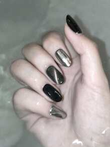 Get Glamorous With 24pcs Long Oval Black Silver Cat Eye Fake Nail & 1pc Nail File & 1sheet Tape Press On Nails Nail Supplies - Multicolor - View 1