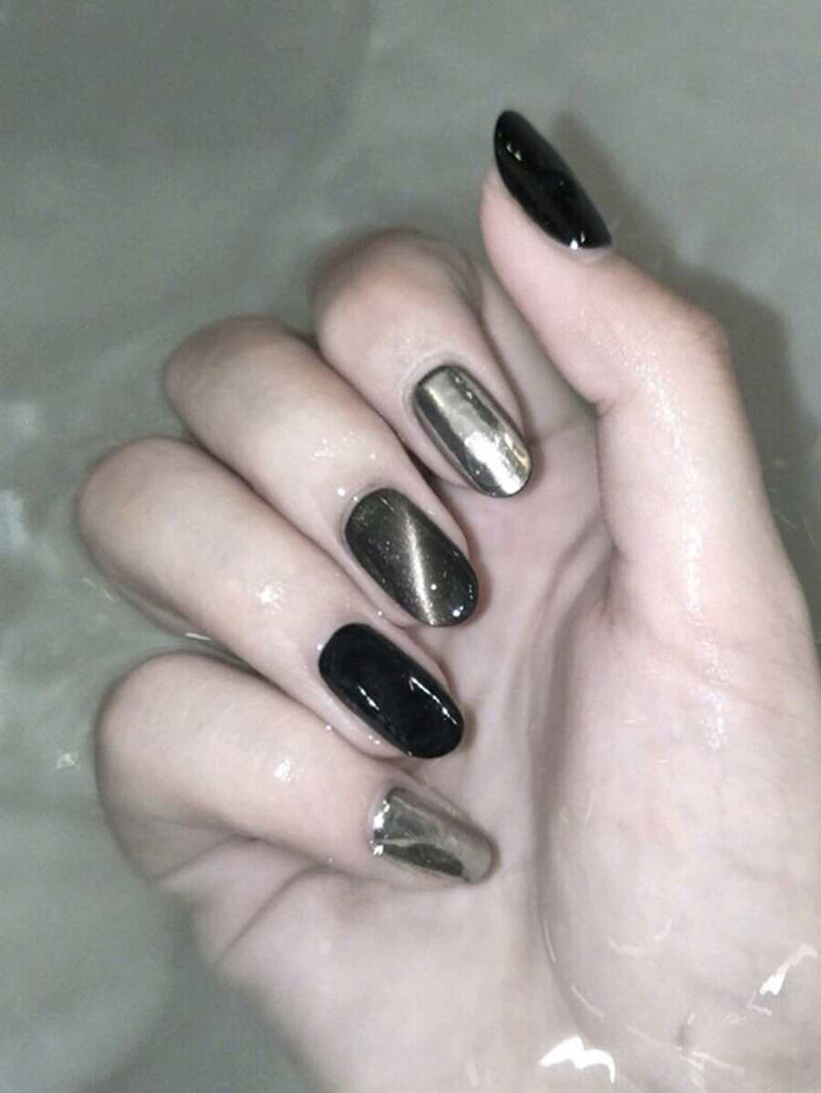 Get Glamorous With 24pcs Long Oval Black Silver Cat Eye Fake Nail & 1pc Nail File & 1sheet Tape Press On Nails Nail Supplies - Multicolor - View 1