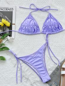 Halter Triangle Tie Side Bikini Set, For Summer Beach Vacation - Lilac Purple - View 4