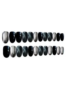 Get Glamorous With 24pcs Long Oval Black Silver Cat Eye Fake Nail & 1pc Nail File & 1sheet Tape Press On Nails Nail Supplies - Multicolor - View 2