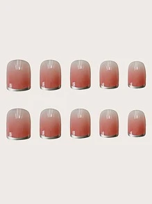 Upgrade Your Look with 24pcs Long Square Blush French Silver Edge Fake Nail & 1pc Nail File & 1sheet Tape - Pink - View 5