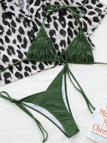 SHEIN Swim 夏季海滩纯色比基尼套装褶饰吊带三角胸罩和系带侧边下装 2 件套比基尼 - 軍綠色 - 查看 4