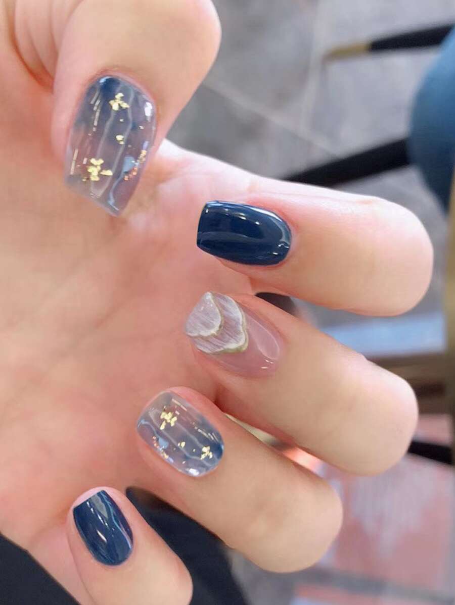 Upgrade Your Look With 24pcs Long Square Dark Blue Smudge Golden Fake Nail & 1pc Nail File & 1sheet Tape Press On Nails Nail Supplies - Multicolor - View 1