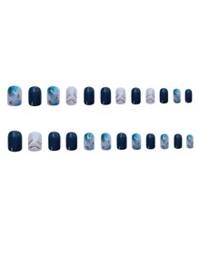 Upgrade Your Look With 24pcs Long Square Dark Blue Smudge Golden Fake Nail & 1pc Nail File & 1sheet Tape Press On Nails Nail Supplies - Multicolor - View 2