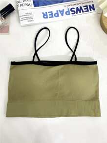 Contrast Trim Crop Cami Top - Olive Green - View 1