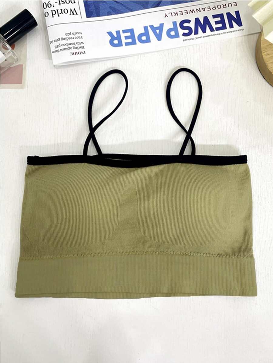 Contrast Trim Crop Cami Top - Olive Green - View 1