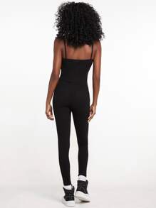 SHEIN EZwear 華夫格針織吊帶上衣和結飾緊身褲套裝 - 黑色 - 查看 2